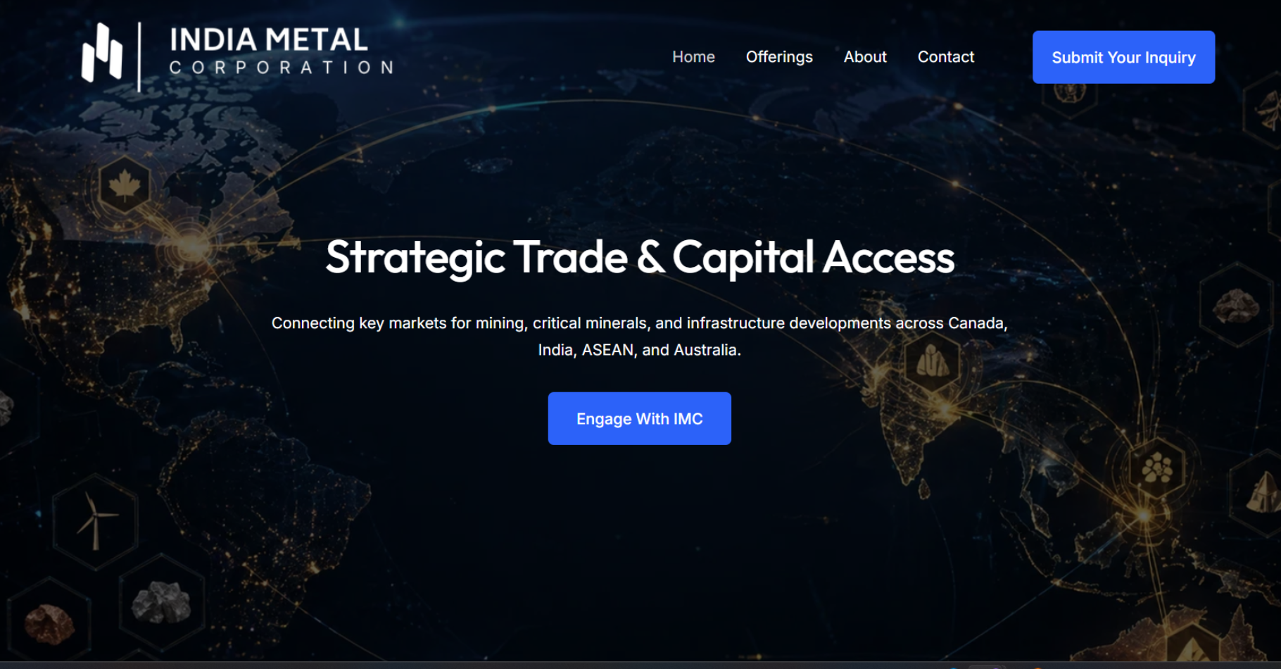 Custom homepage design for India Metal Corporation featuring a dark global map with illuminated trade routes and strategic resource icons.