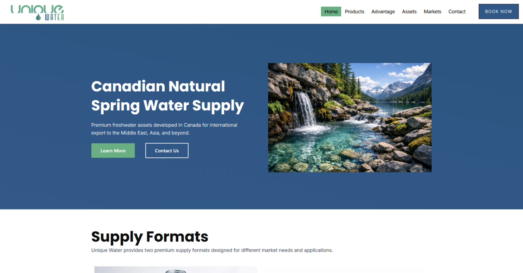 Custom website homepage design for Unique Water featuring a natural Canadian waterfall and premium spring water supply formats.