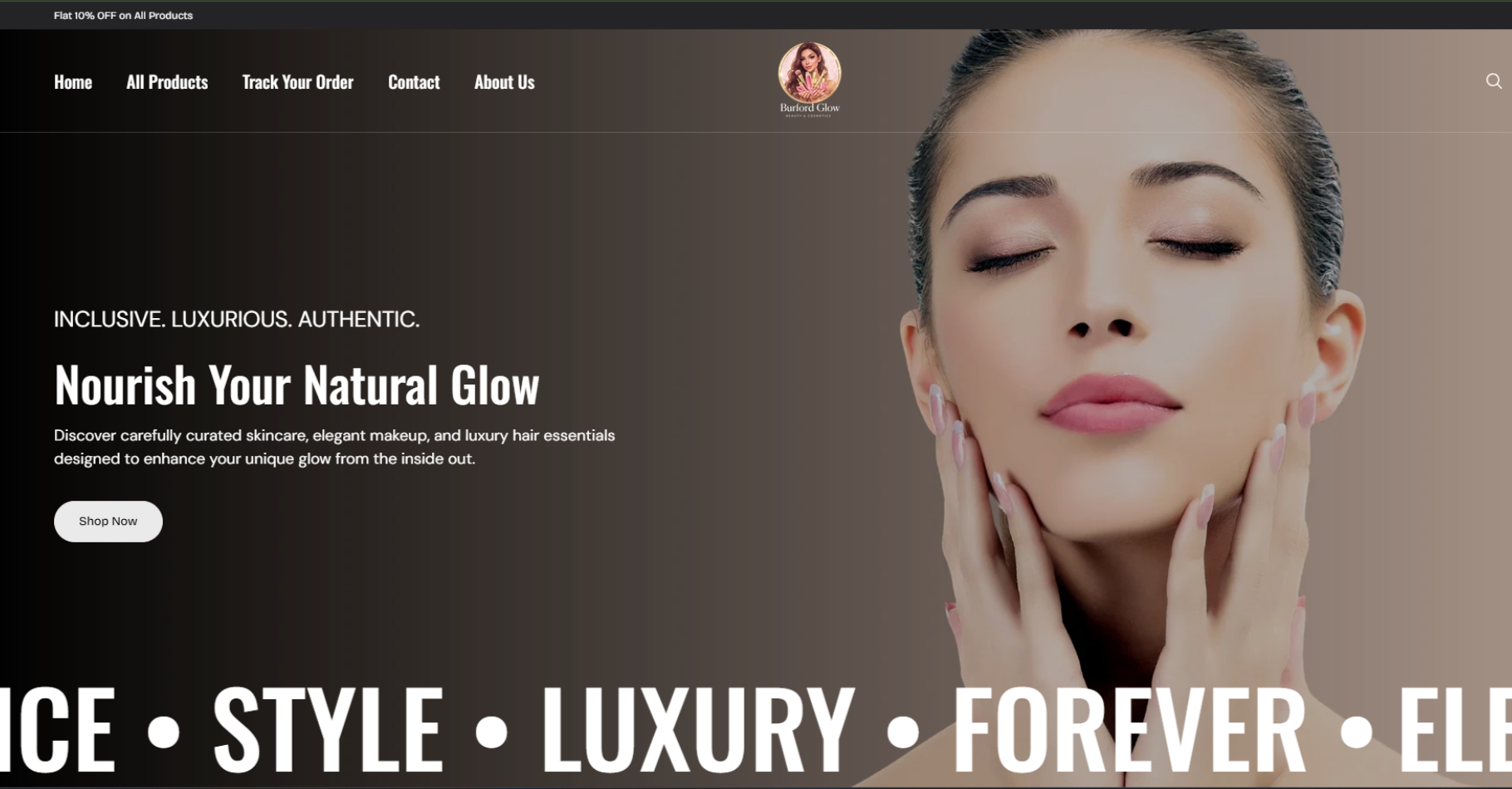 Luxury beauty and skincare e-commerce website design for Burford Glow featuring a model with a natural aesthetic.