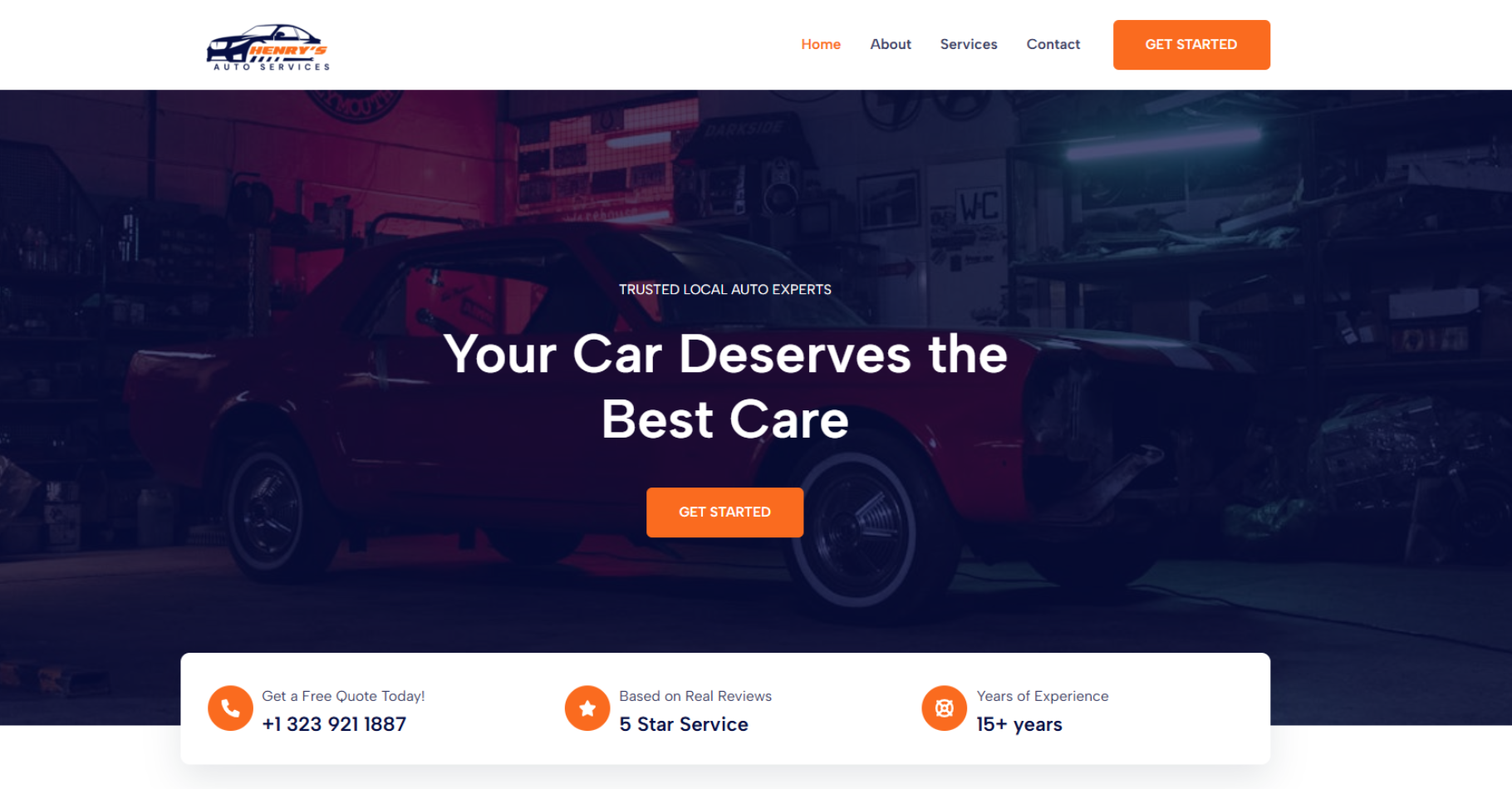 Auto repair service website design for Henry's Auto Services featuring a classic car in a dark garage and clear call-to-action buttons.