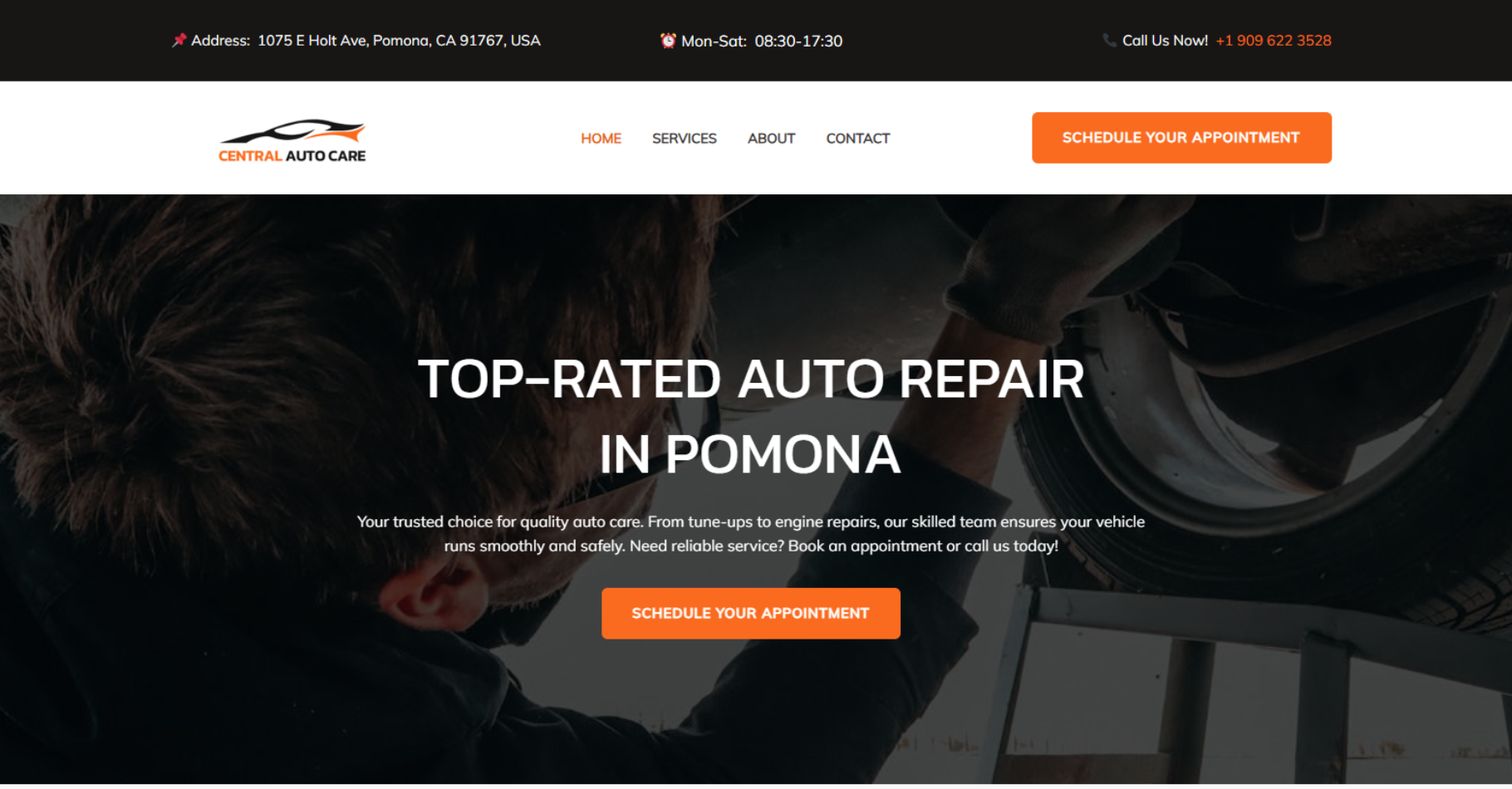 Local lead generation website for Central Auto Care featuring a mechanic working under a vehicle with an appointment scheduling button.
