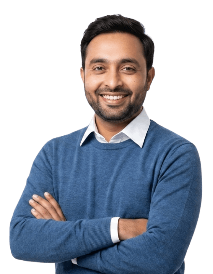A professional portrait of Muhammad Fiaz, Freelance Digital Marketer, smiling confidently with arms crossed against a plain background.