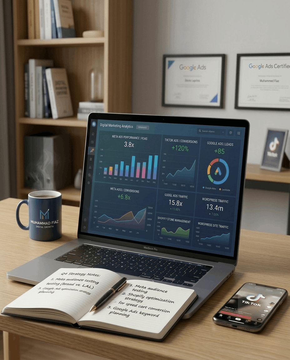 A modern office desk featuring an open laptop displaying digital marketing analytics, alongside a smartphone, a notebook, and a coffee mug, representing a professional digital marketing and web design workspace.