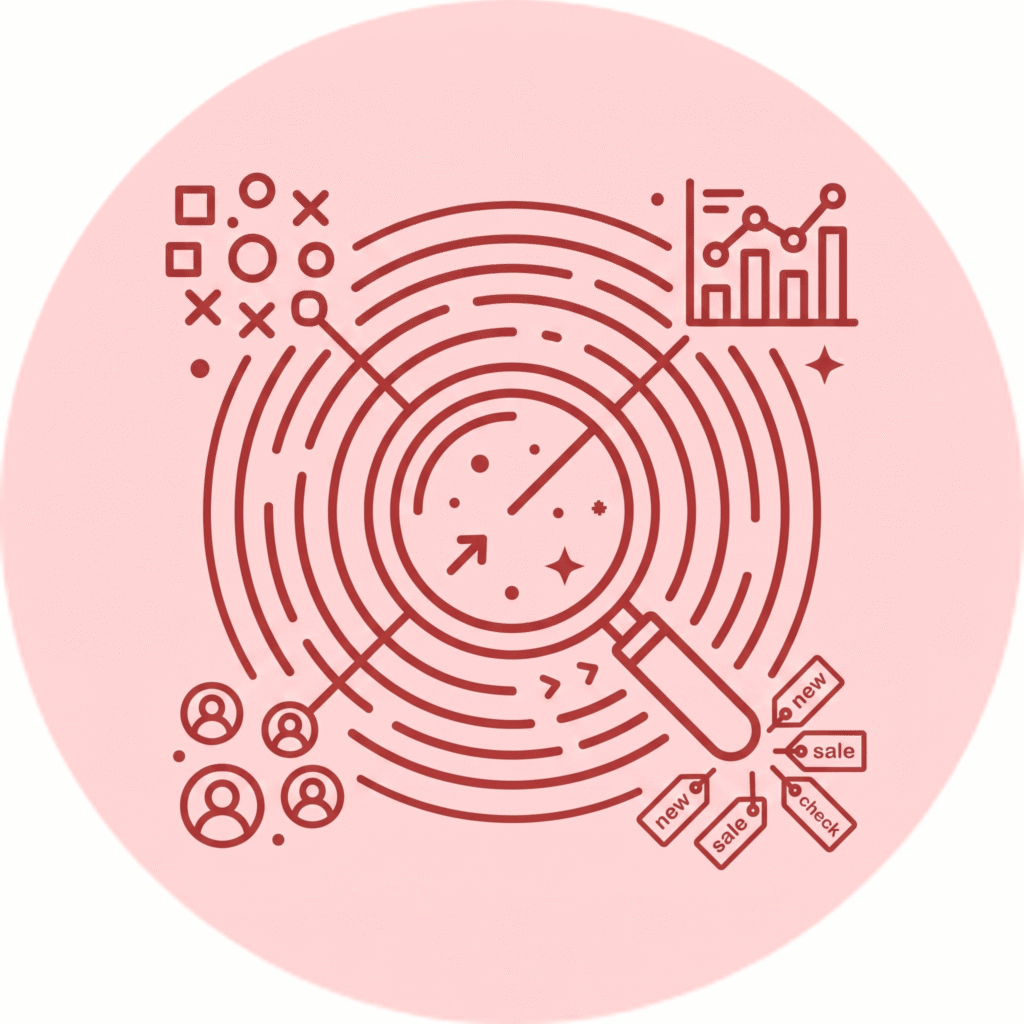 A magnifying glass with a circular radar pulse effect emanating from it, linked to clusters of different data points, representing monitoring and tagging.