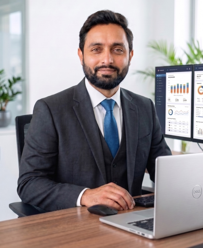 Muhammad Fiaz freelance digital marketer sitting at desk with laptop and dual monitor showing analytics dashboard